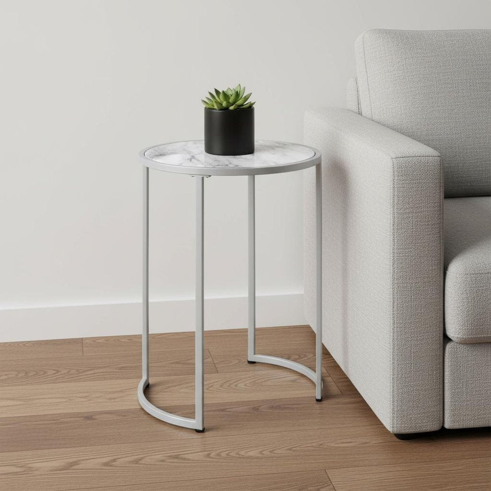 24" Silver And White Round End Table