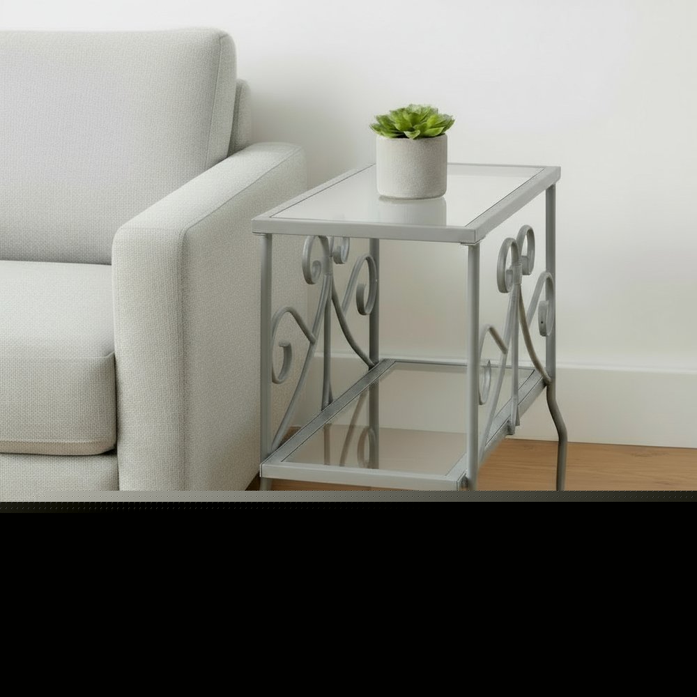 22" Silver And Clear Metal And Tempered Glass End Table With Shelf