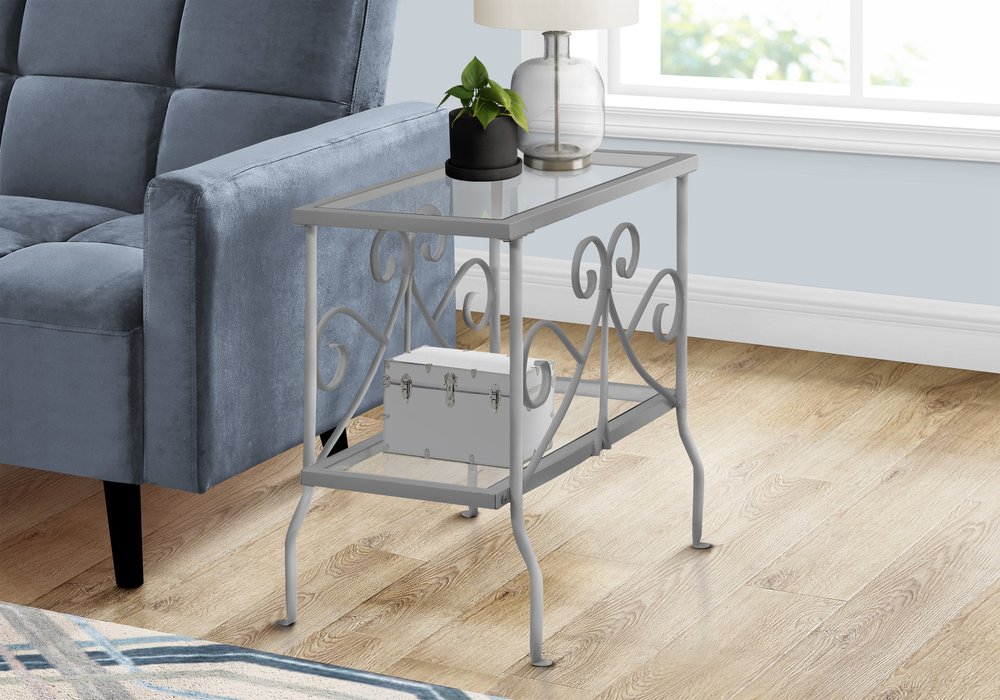 22" Silver And Clear Metal And Tempered Glass End Table With Shelf