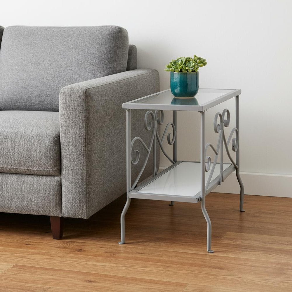 22" Silver And Clear Metal And Tempered Glass End Table With Shelf