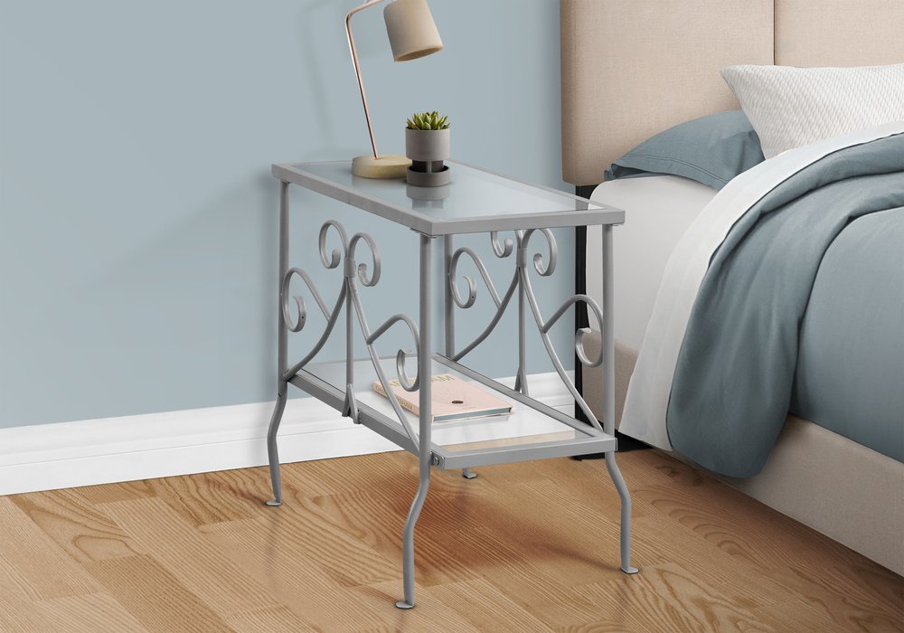 22" Silver And Clear Metal And Tempered Glass End Table With Shelf