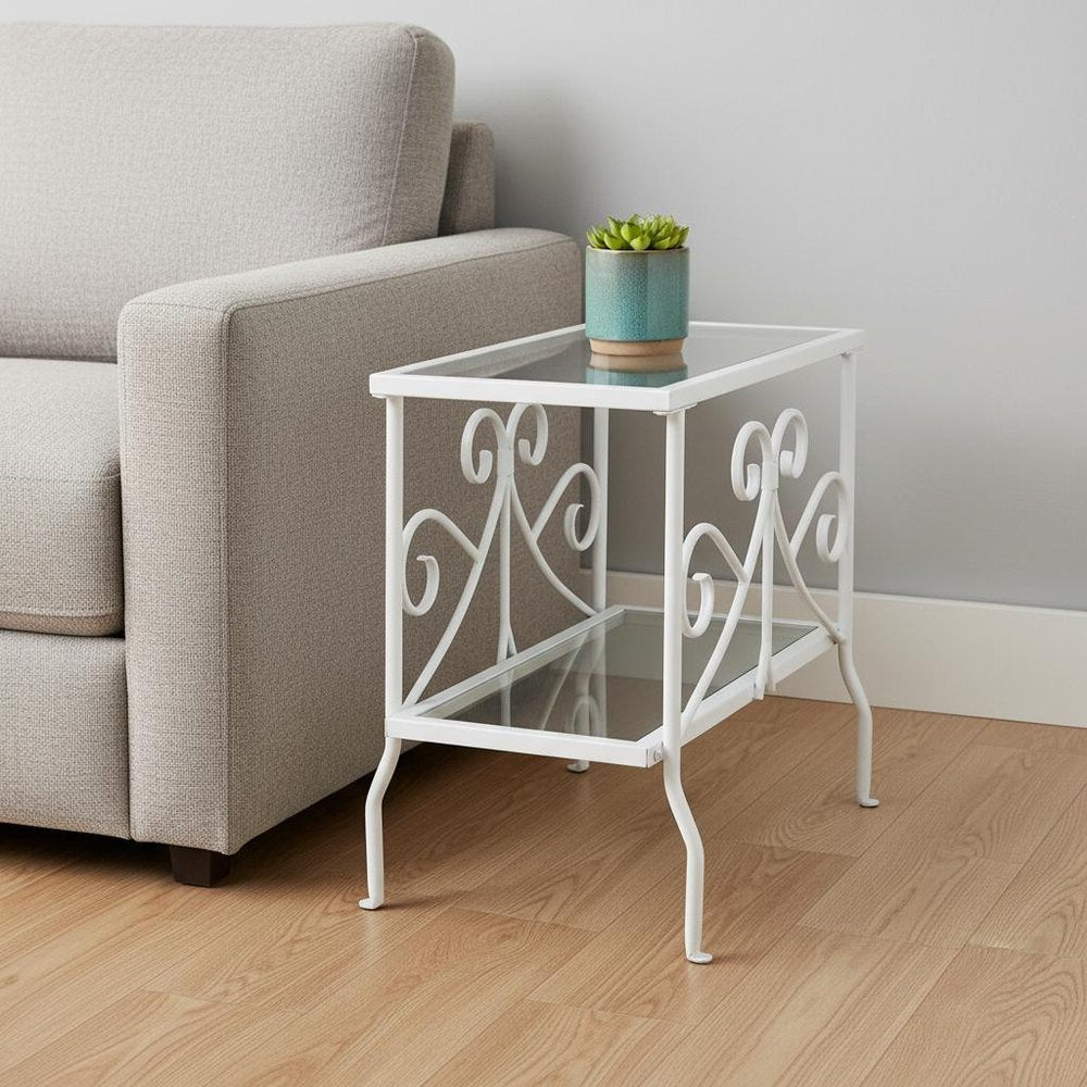 22" White And Clear Metal And Tempered Glass End Table With Shelf