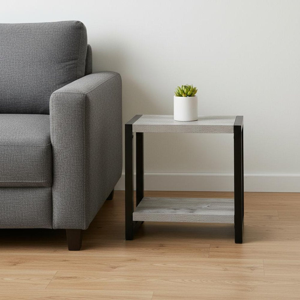 22" Gray And Black Wood And Metal Frame End Table With Shelf