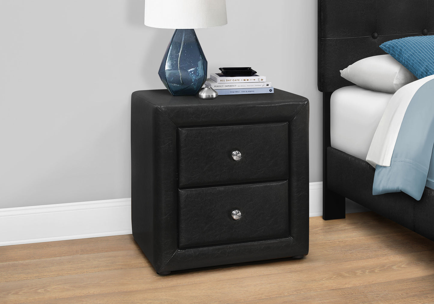 21" Black Wood Two Drawer Nightstand