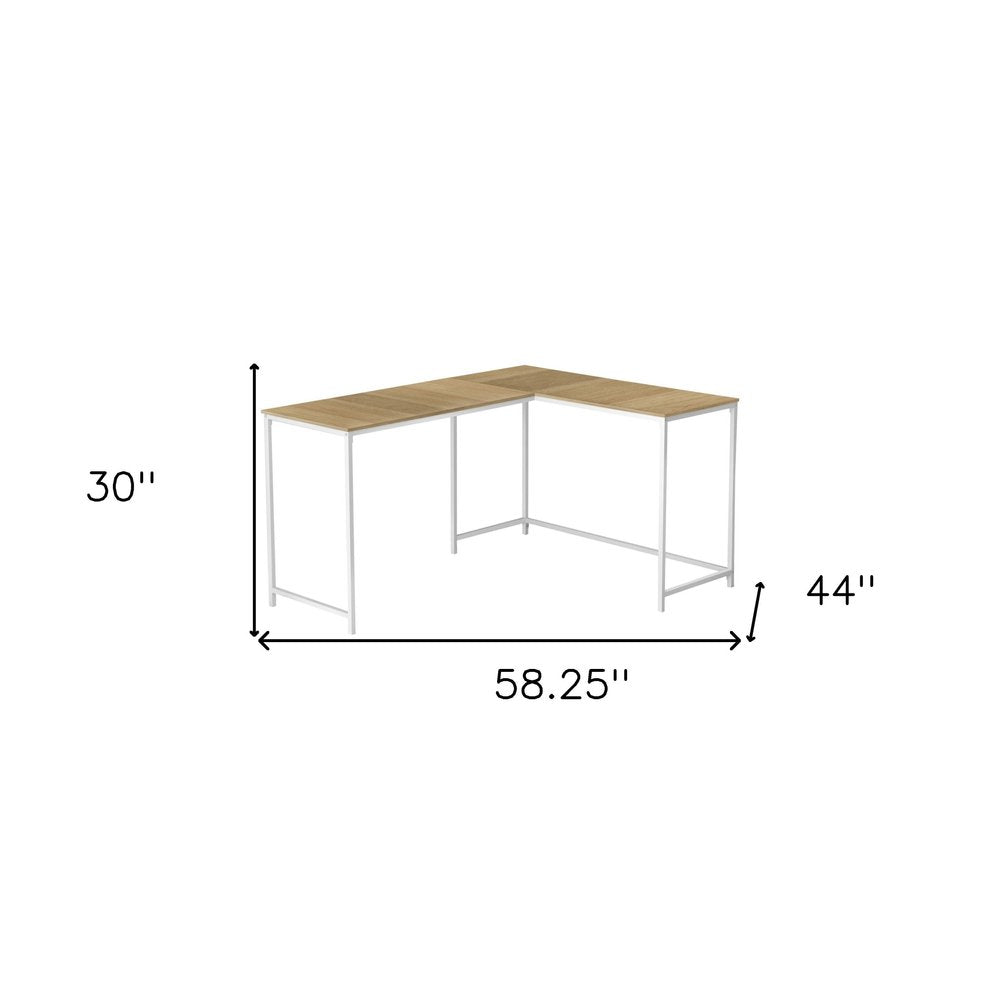 58" Natural and White Wood and Metal Corner Computer Desk