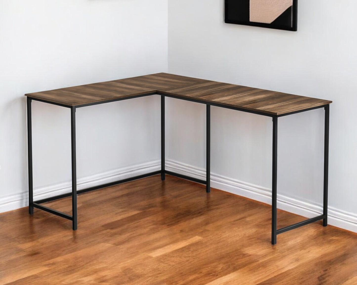 58" Brown and Black Wood and Metal Corner Computer Desk