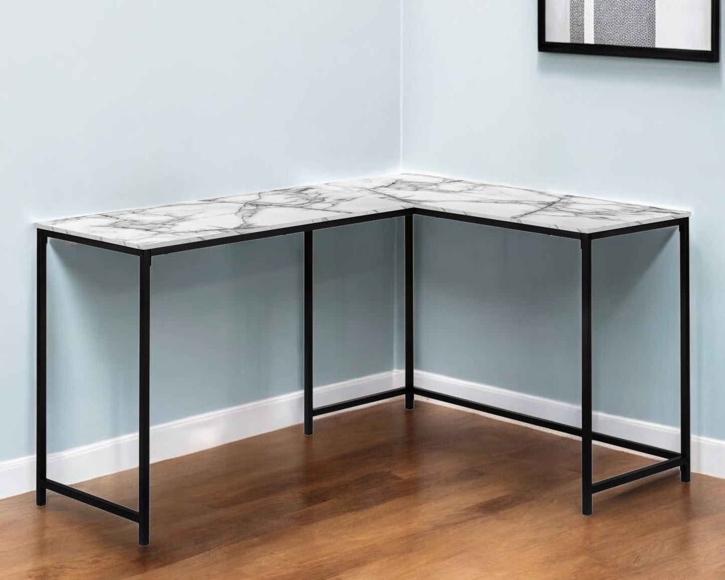 58" White and Black Faux Marble Wood And Metal Corner Computer Desk