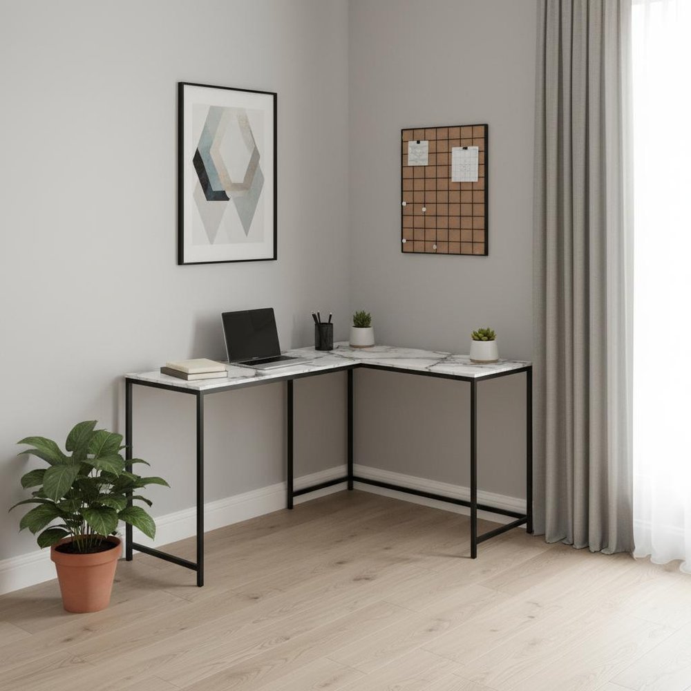 58" White and Black Faux Marble Wood And Metal Corner Computer Desk