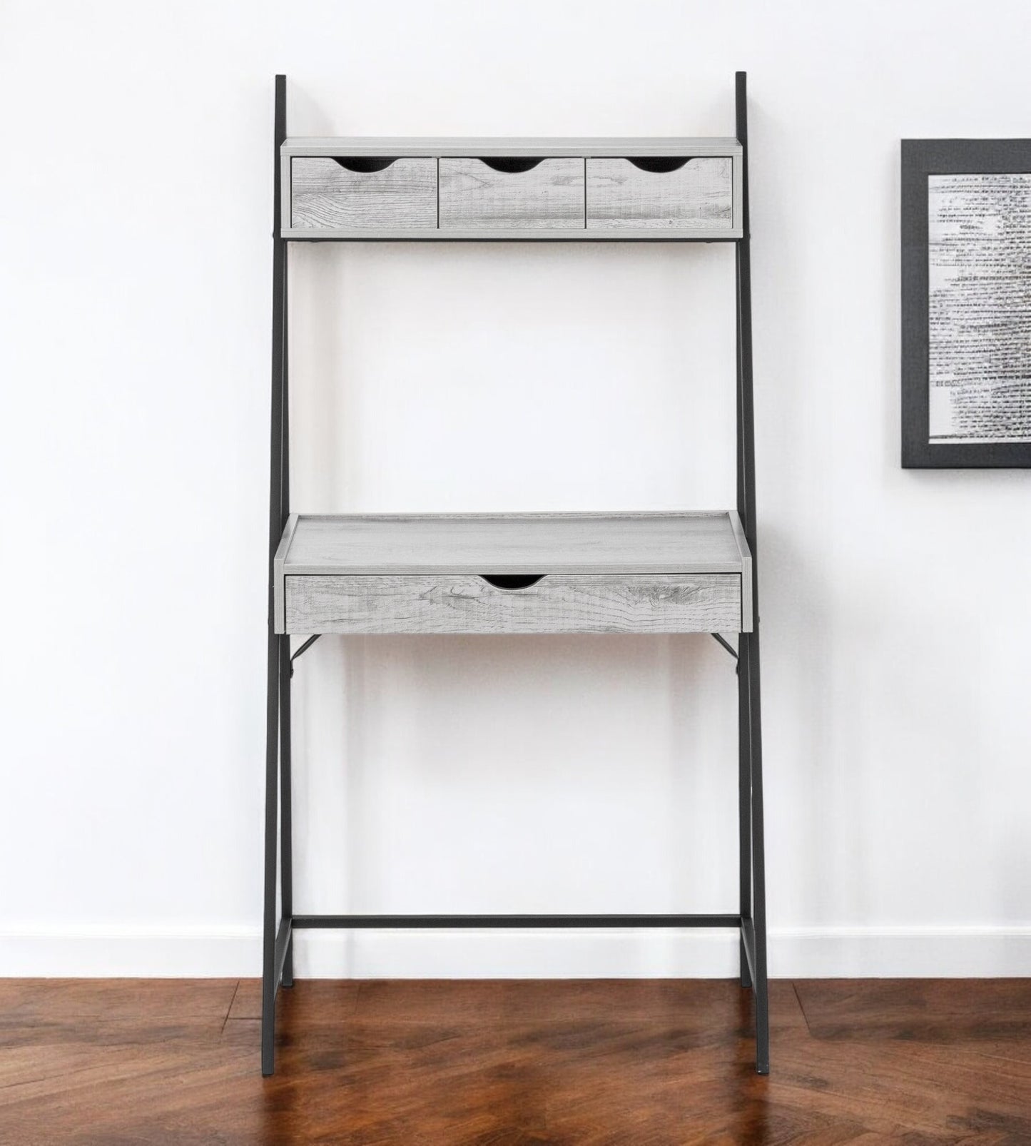 32" Gray and Black Wood and Metal Sled Computer Desk With Four Drawers