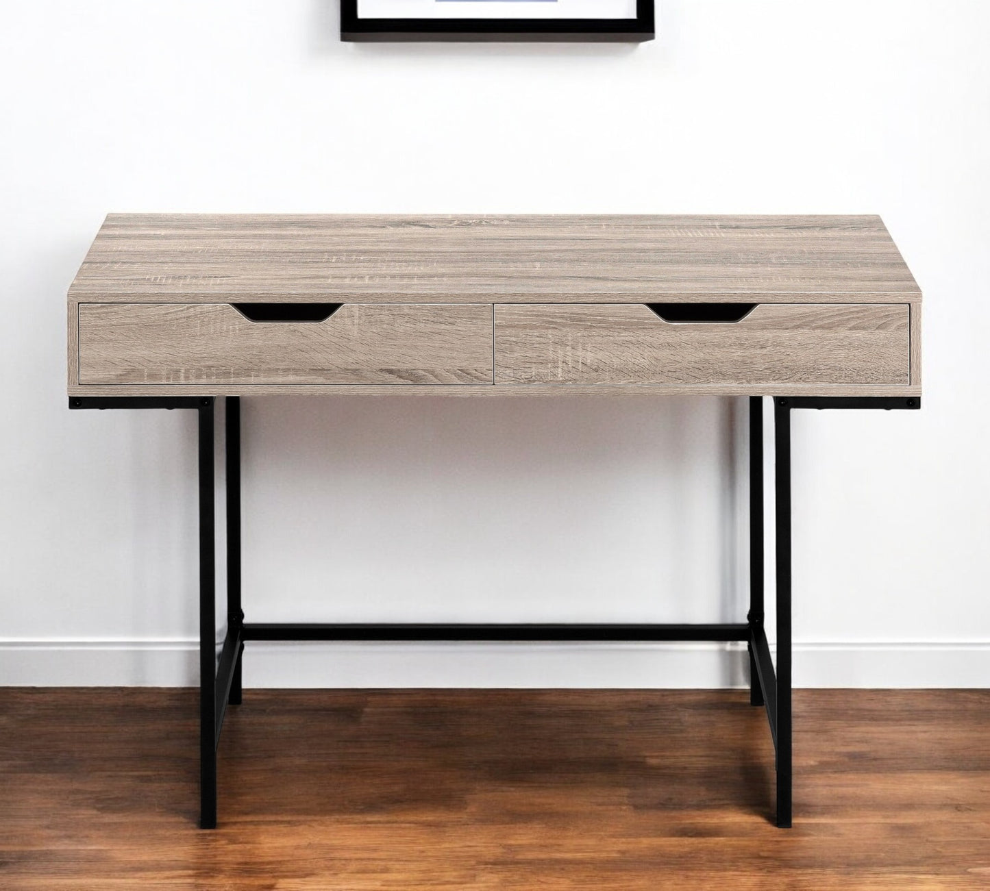 47" Taupe and Black Wood and Metal H-Shape Computer Desk With Two Drawers