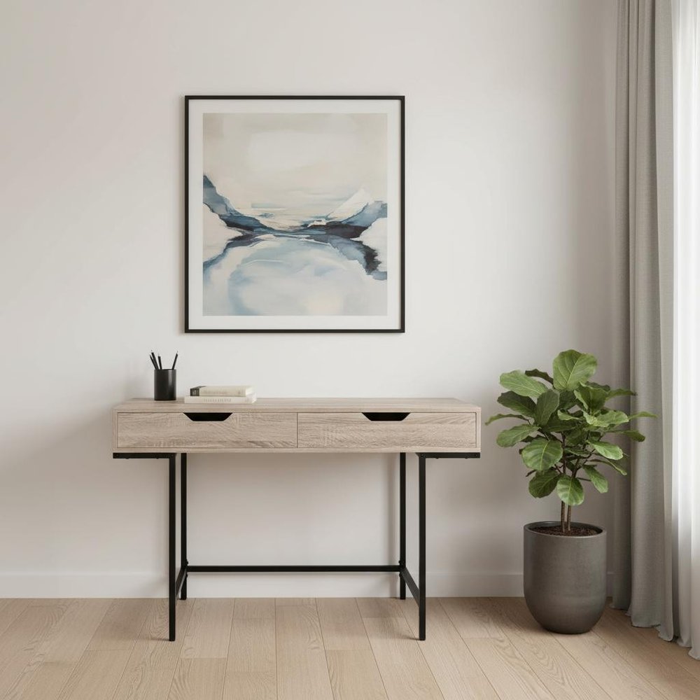 47" Taupe and Black Wood and Metal H-Shape Computer Desk With Two Drawers