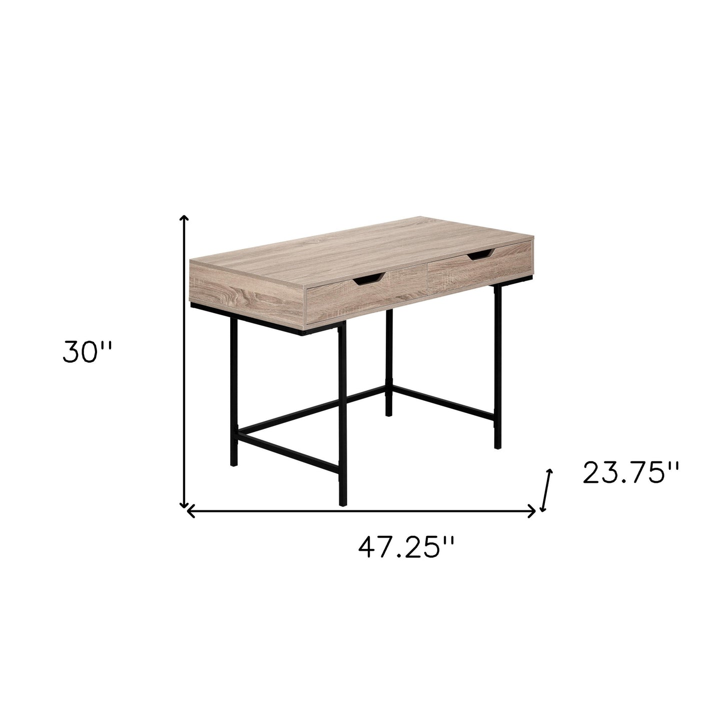 47" Taupe and Black Wood and Metal H-Shape Computer Desk With Two Drawers