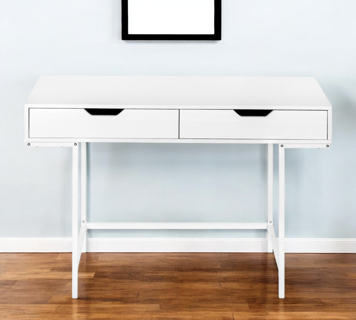 47" White Wood and Metal H-Shape Computer Desk With Two Drawers