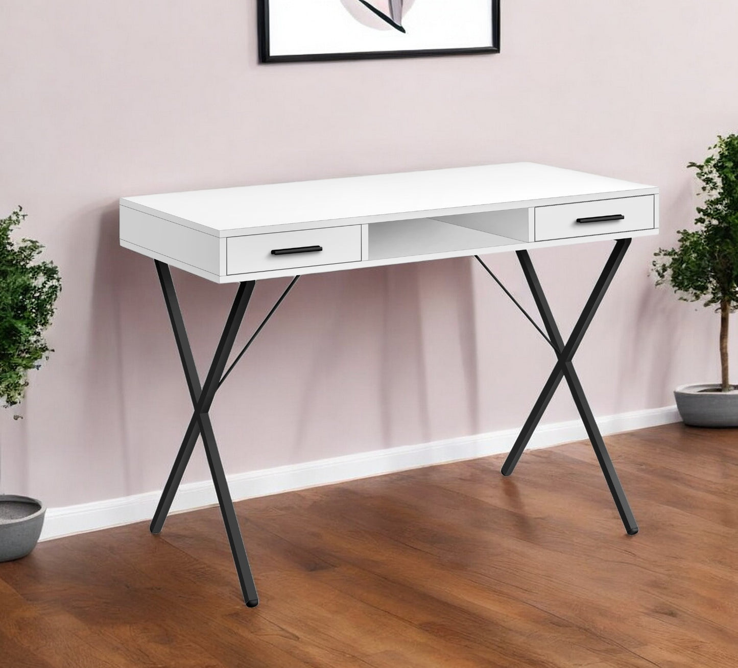 42" White and Black Computer Desk With Two Drawers