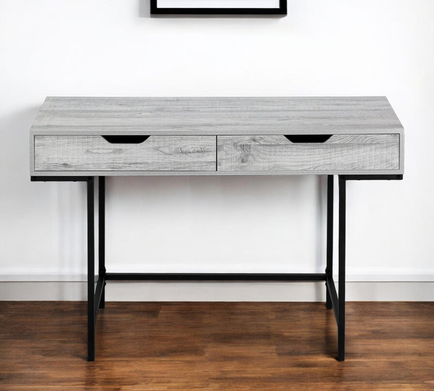 47" Gray and Black Wood and Metal H-Shape Computer Desk With Two Drawers