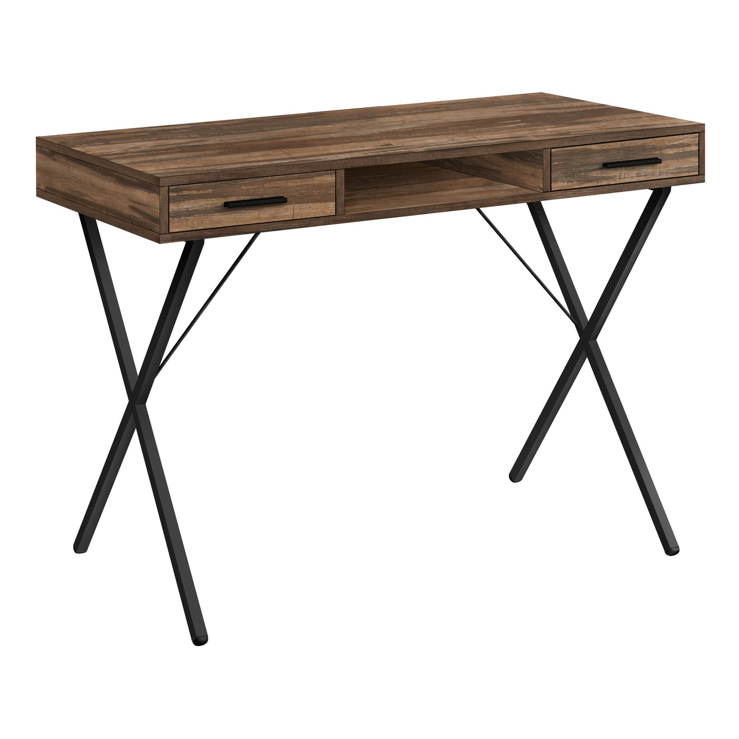 42" Brown and Black Wood and Metal x-Shape Computer Desk With Two Drawers
