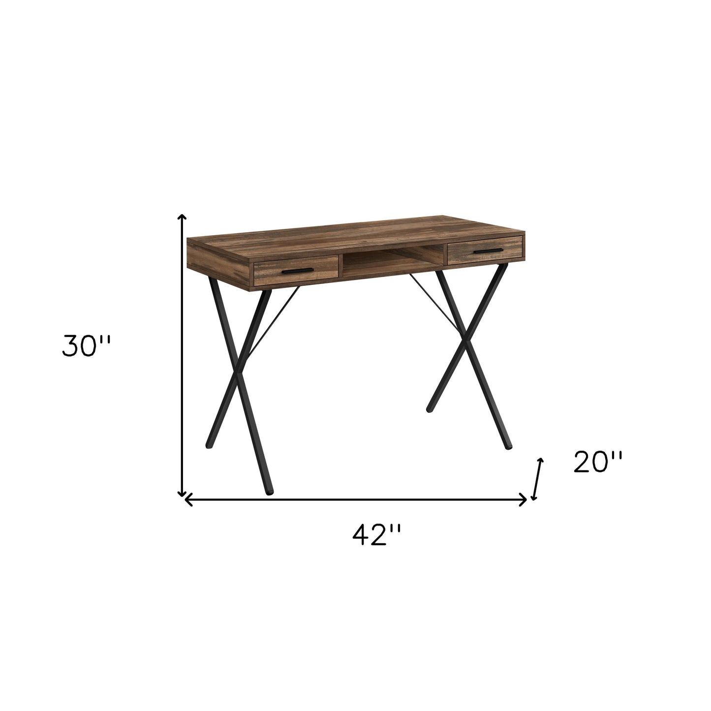 42" Brown and Black Wood and Metal x-Shape Computer Desk With Two Drawers
