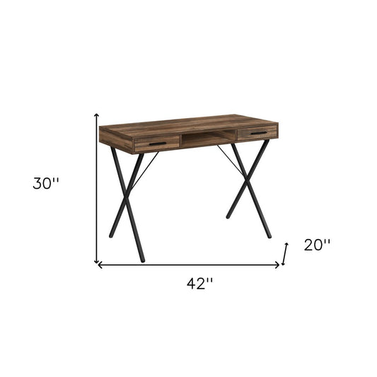 42" Brown and Black Wood and Metal x-Shape Computer Desk With Two Drawers
