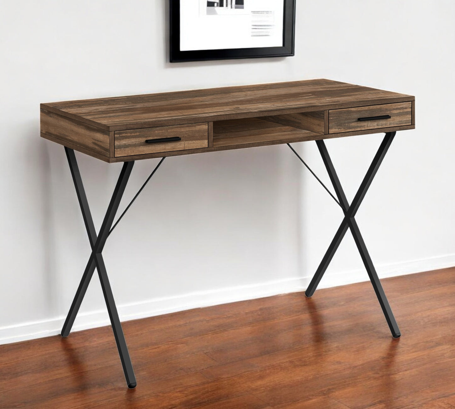 42" Brown and Black Wood and Metal x-Shape Computer Desk With Two Drawers
