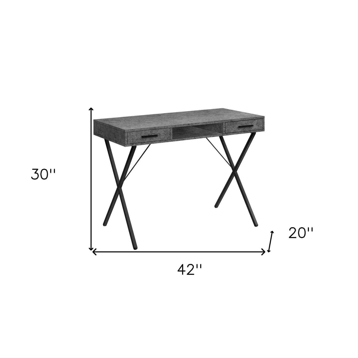 42" Gray and Black Wood and Metal x-Shape Computer Desk With Two Drawers