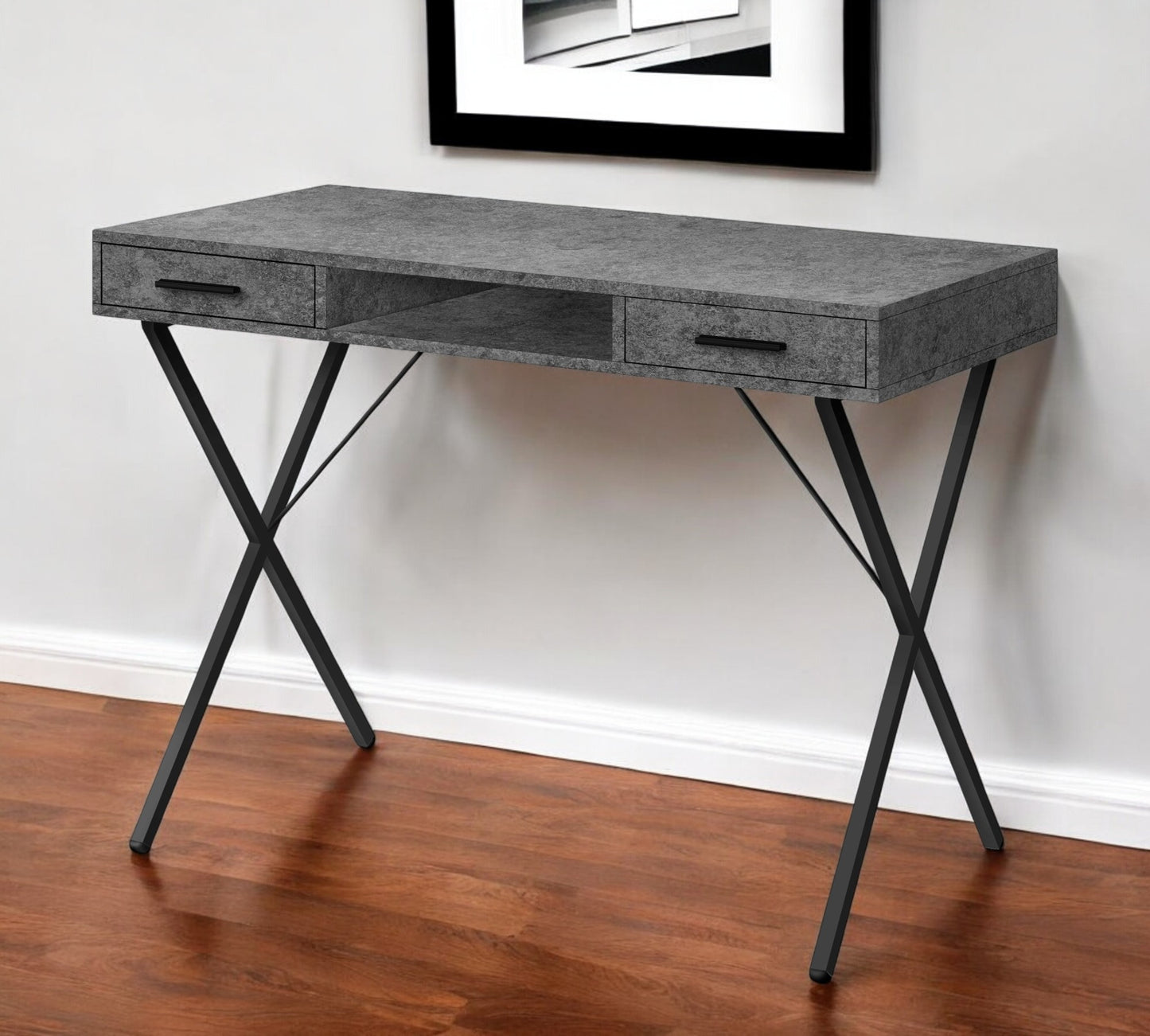 42" Gray and Black Wood and Metal x-Shape Computer Desk With Two Drawers