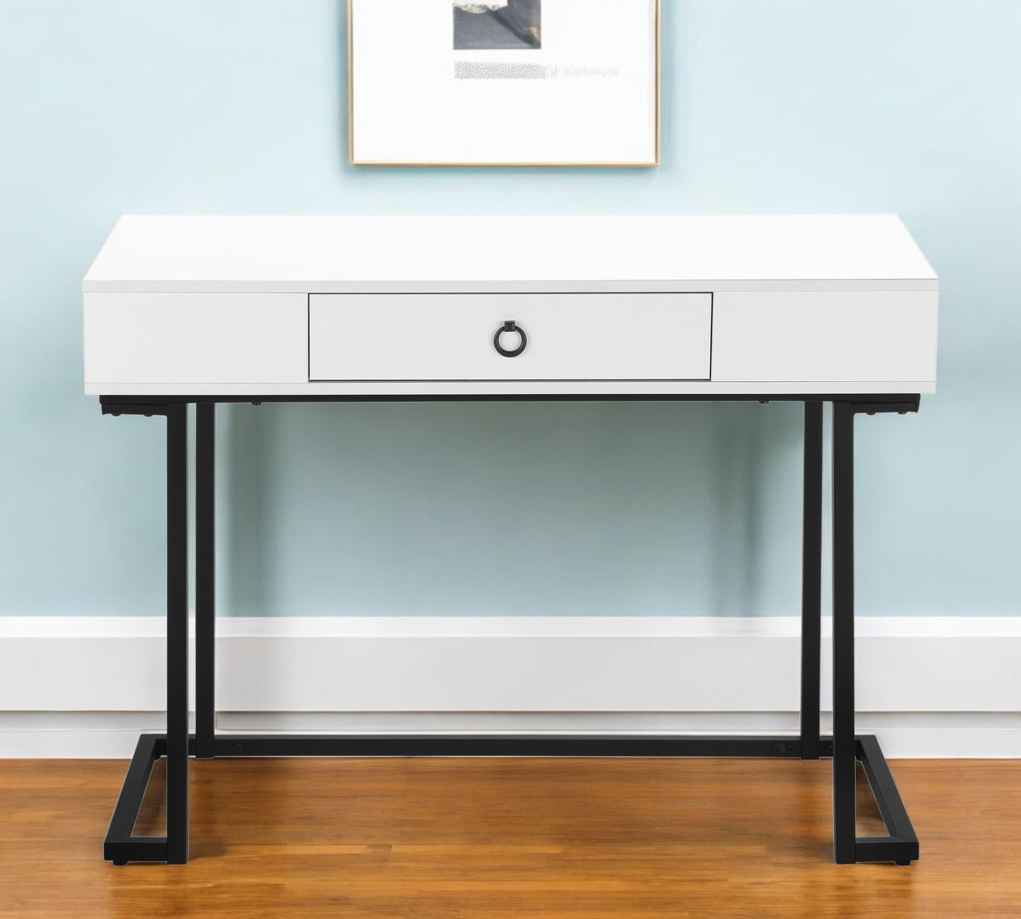 42" White and Black Wood and Metal Sled Computer Desk