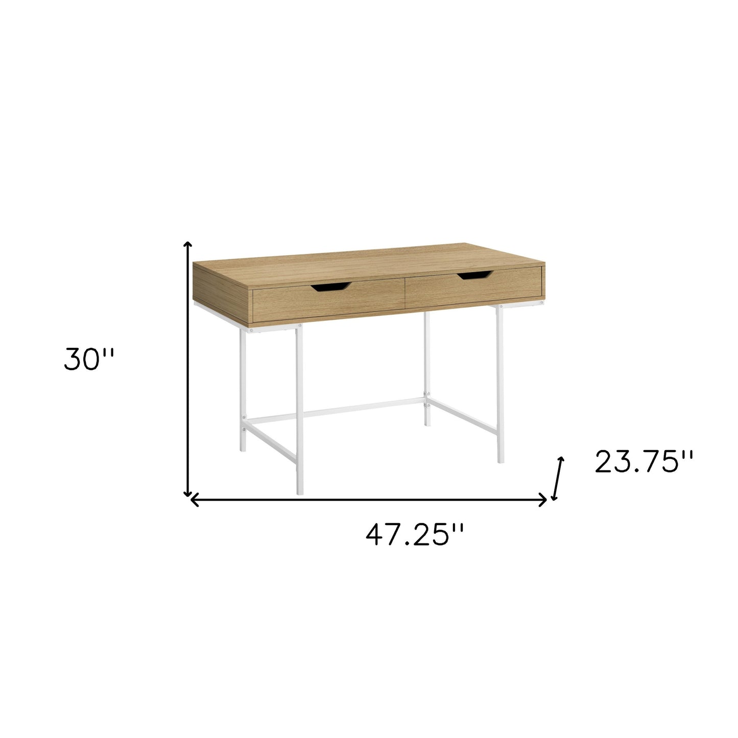 47" Natural and White Wood and Metal H-Shape Computer Desk With Two Drawers