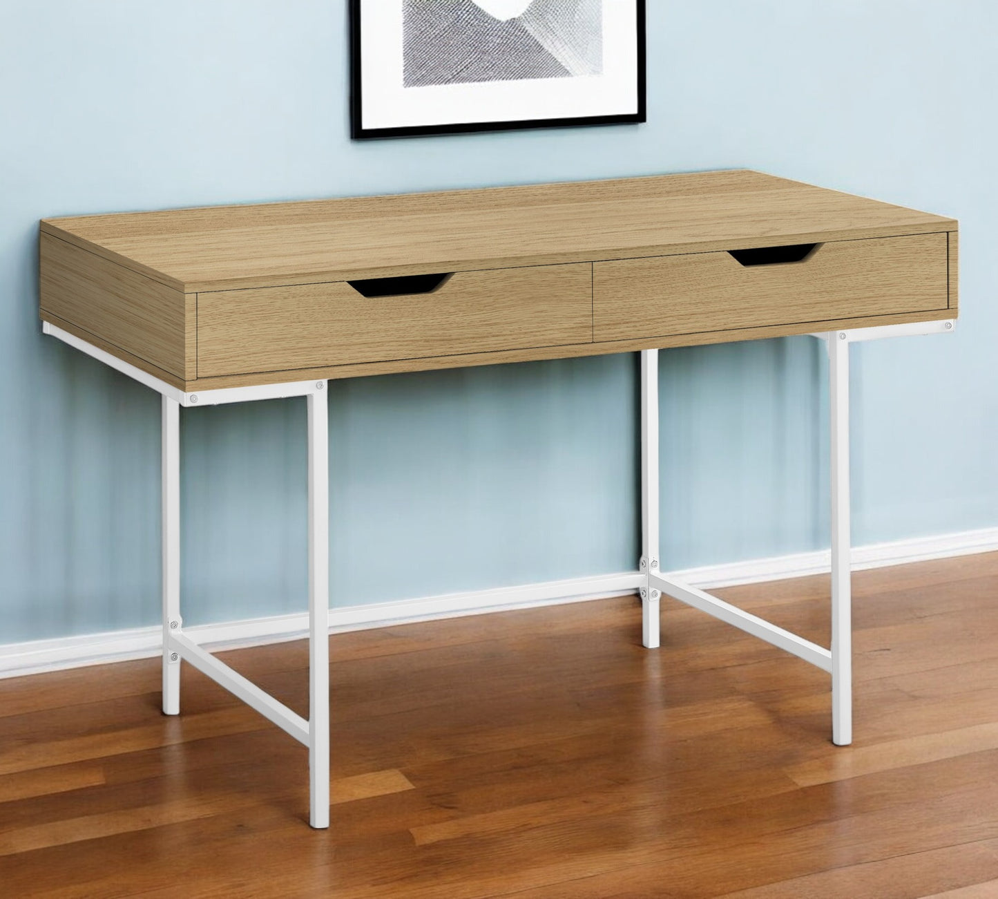 47" Natural and White Wood and Metal H-Shape Computer Desk With Two Drawers