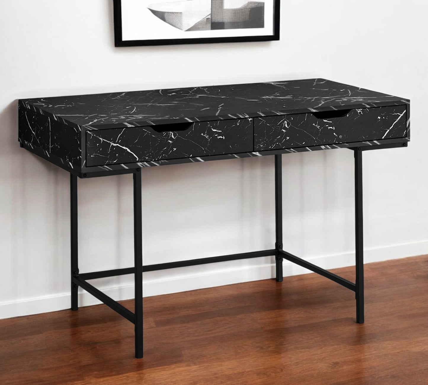 47" Black and White Wood and Metal H-Shape Computer Desk With Two Drawers