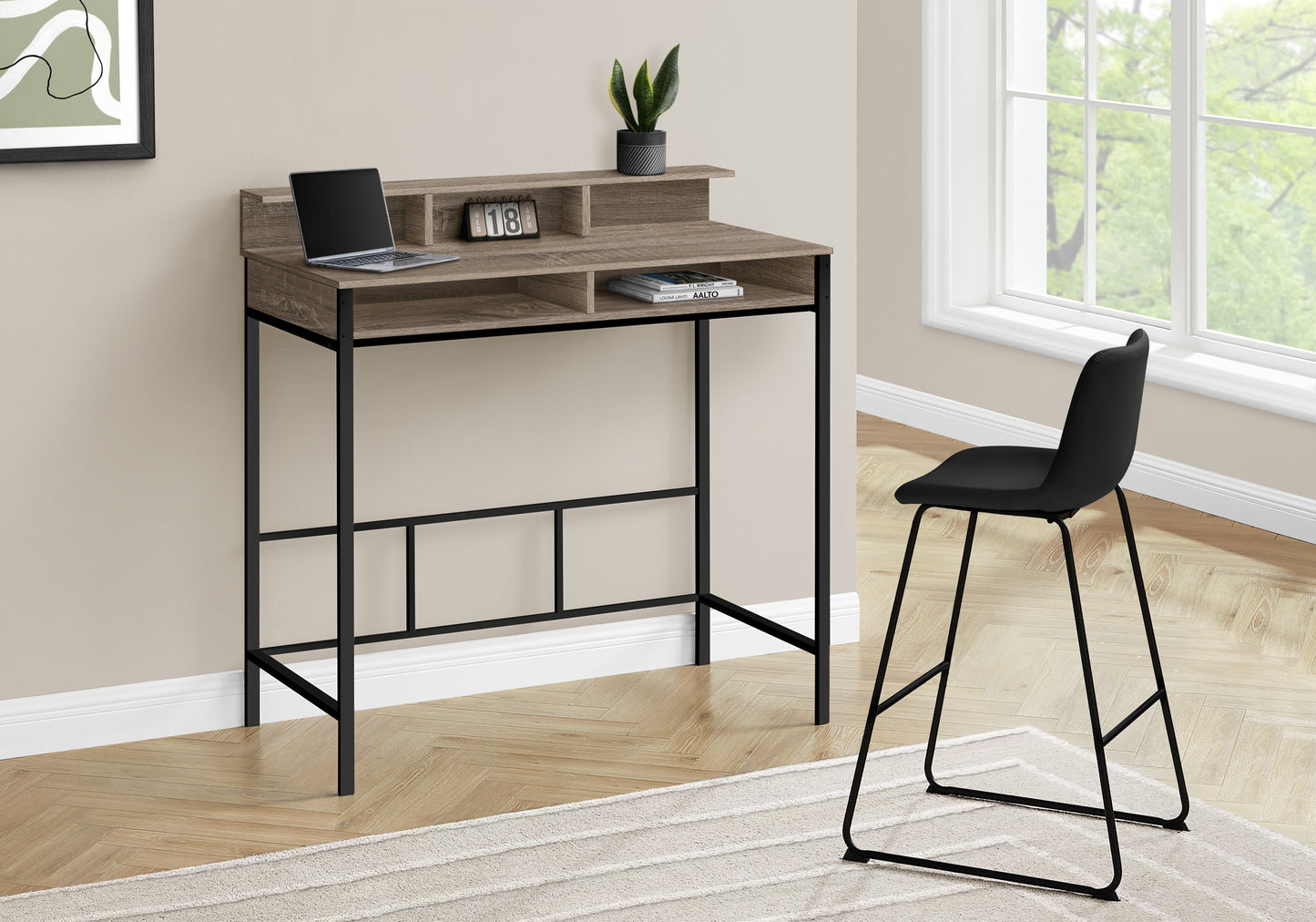 47" Taupe and Black Wood and Metal H-Shape Computer Desk
