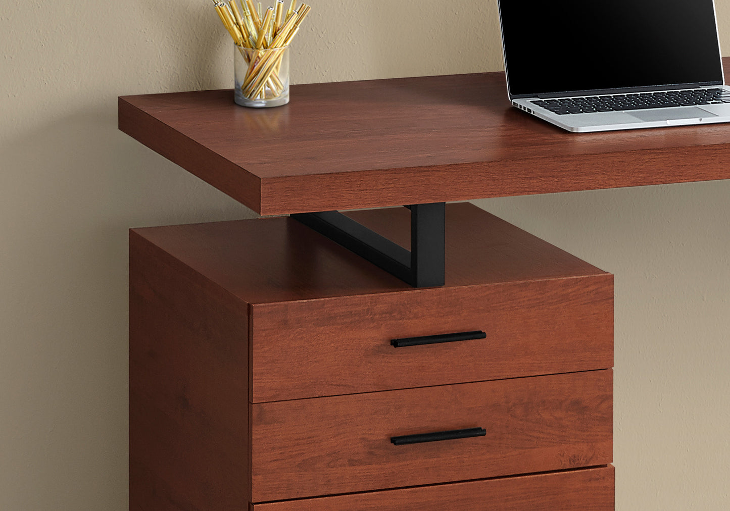 47" Brown and Black Wood and Metal Sled Computer Desk With Three Drawers