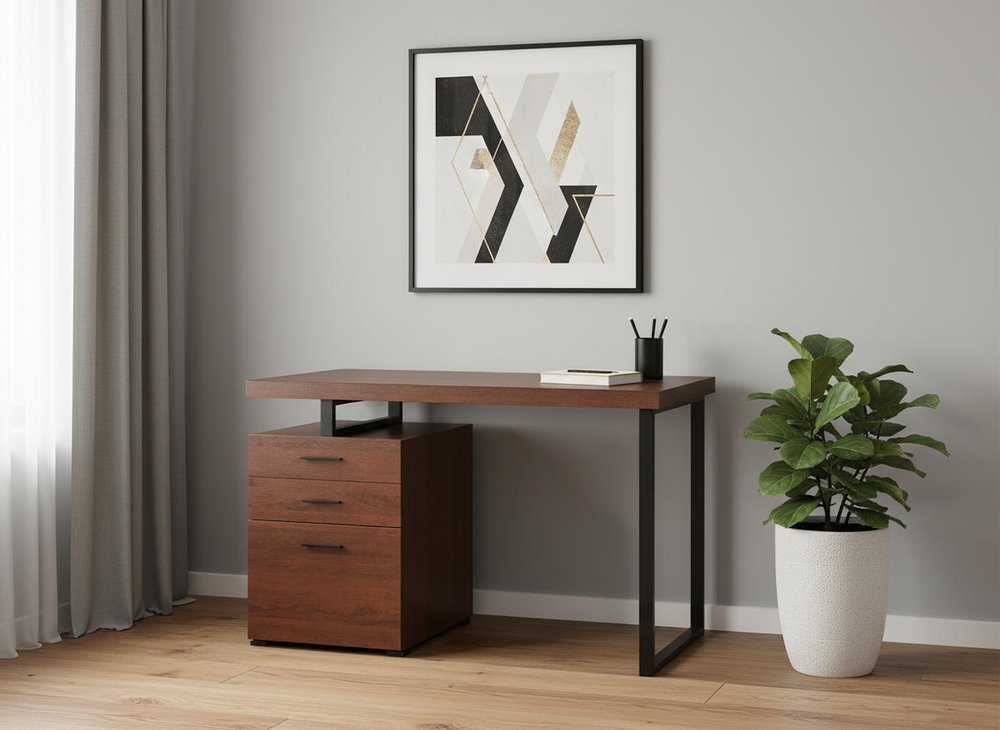 47" Brown and Black Wood and Metal Sled Computer Desk With Three Drawers