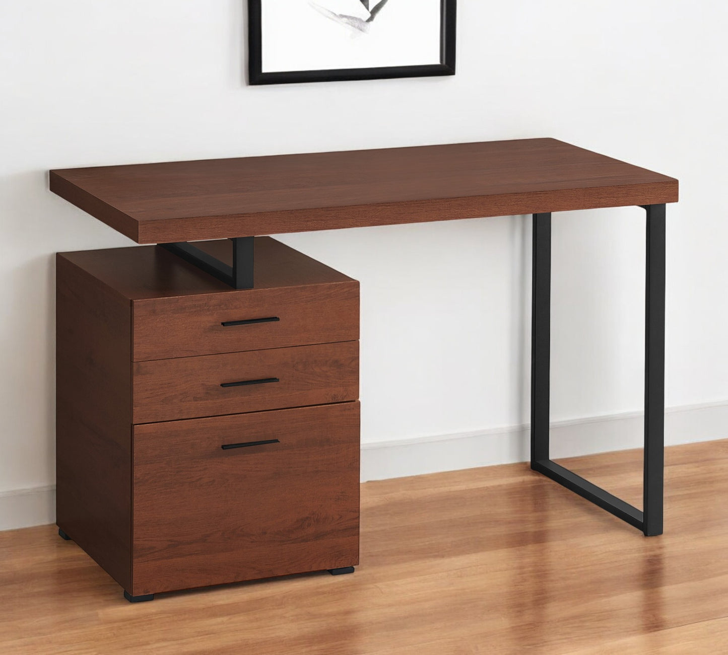 47" Brown and Black Wood and Metal Sled Computer Desk With Three Drawers