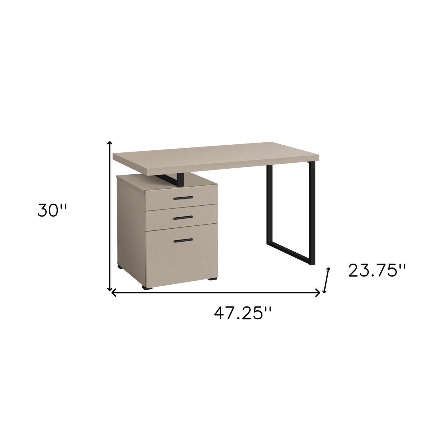 47" Taupe and Black Wood and Metal Sled Computer Desk With Three Drawers