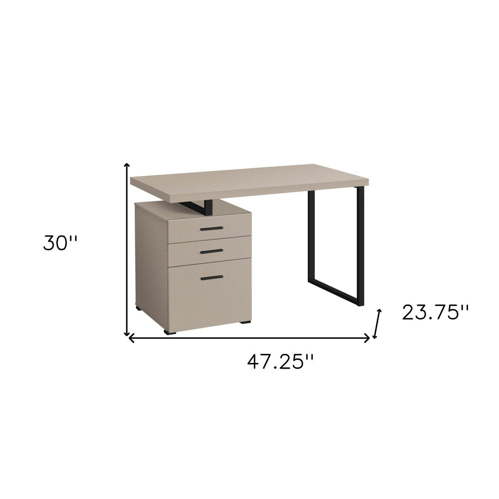47" Taupe and Black Wood and Metal Sled Computer Desk With Three Drawers