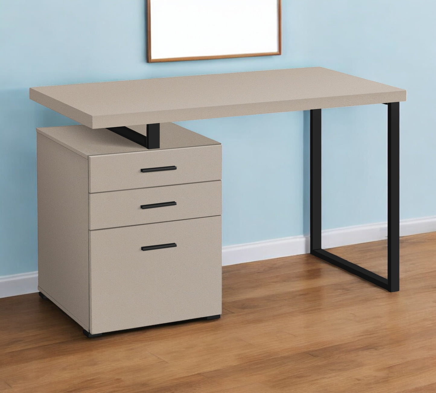 47" Taupe and Black Wood and Metal Sled Computer Desk With Three Drawers