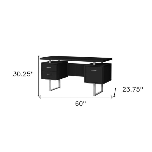 60" Black and Gray Wood and Metal Sled Computer Desk With Three Drawers