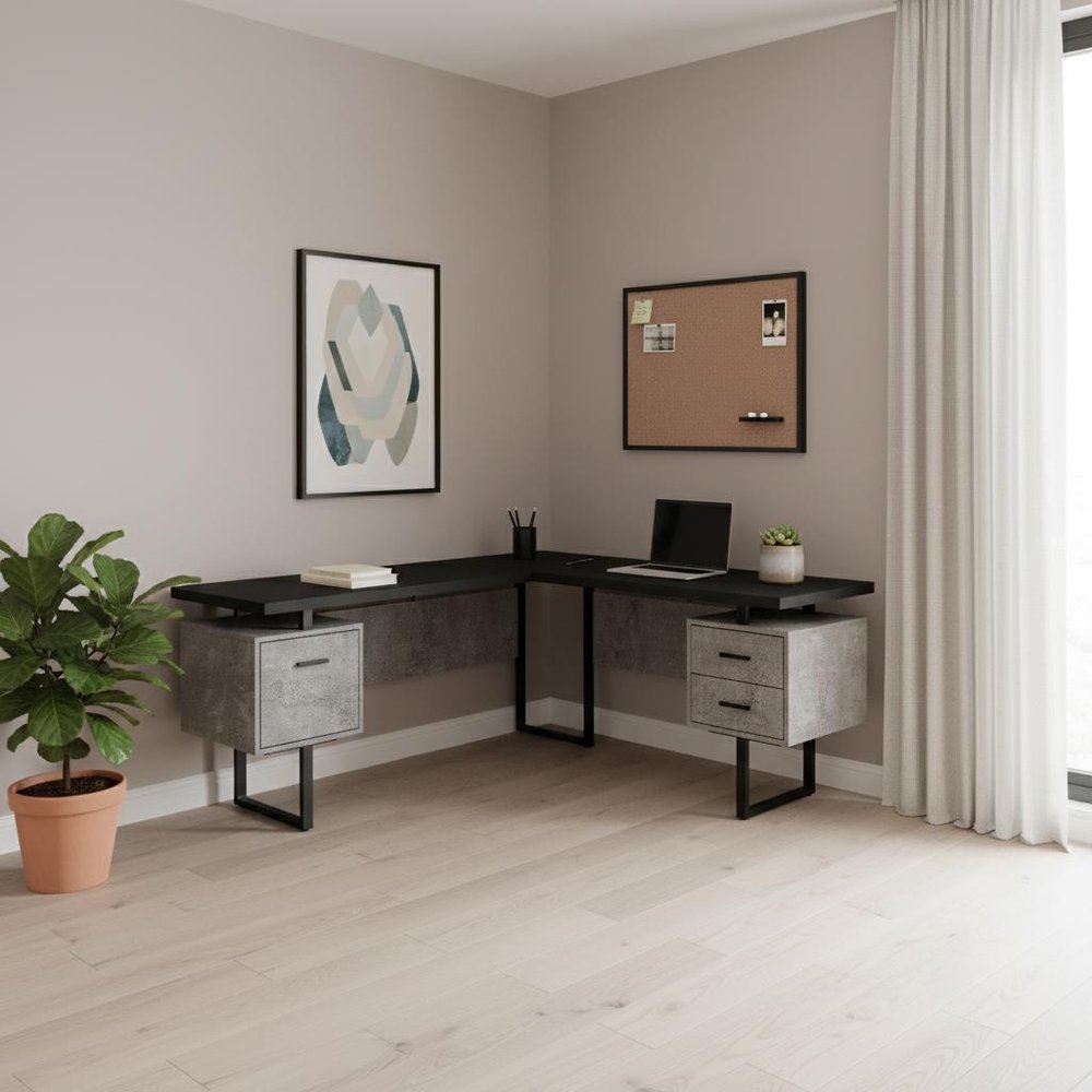 71" Black L Shape Computer Desk With Three Drawers