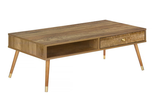 44" Natural And Brown Solid Wood Coffee Table With Drawer And Shelf
