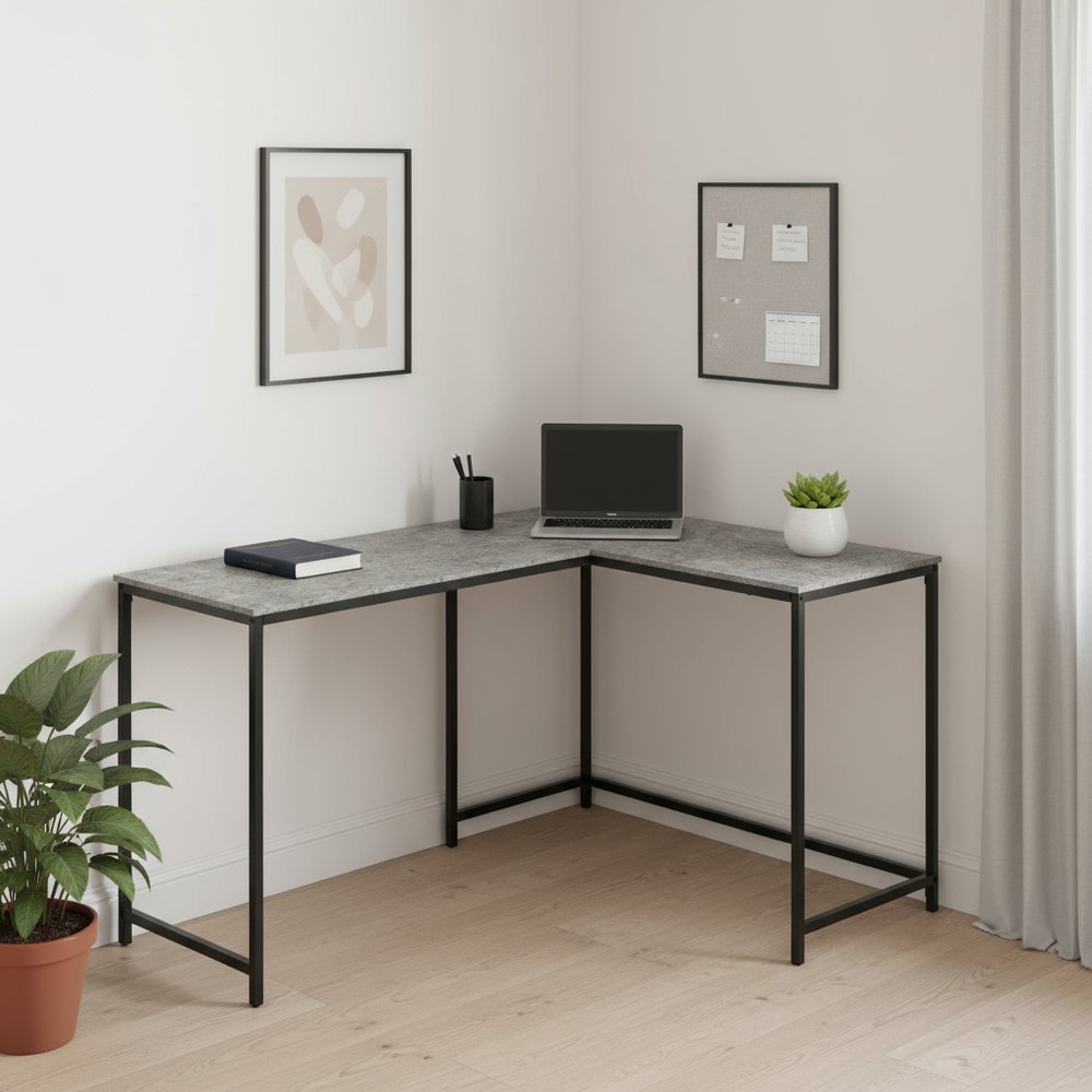 58" Gray and Black Faux Stone Wood And Metal Corner Computer Desk