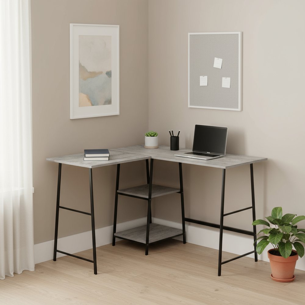 42" Gray and Black Wood and Metal Corner Trestle Computer Desk