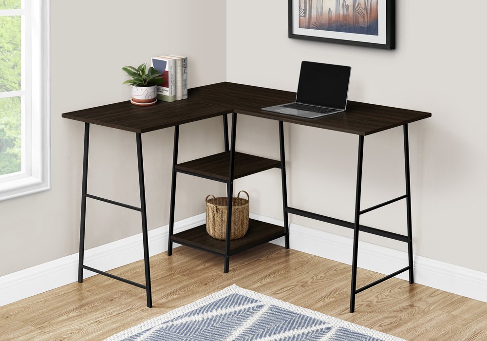 42" Espresso and Black Wood and Metal Corner Trestle Computer Desk