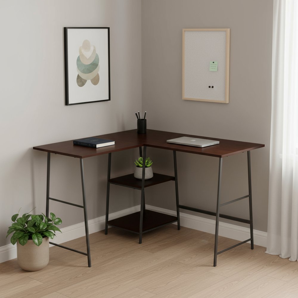 42" Espresso and Black Wood and Metal Corner Trestle Computer Desk