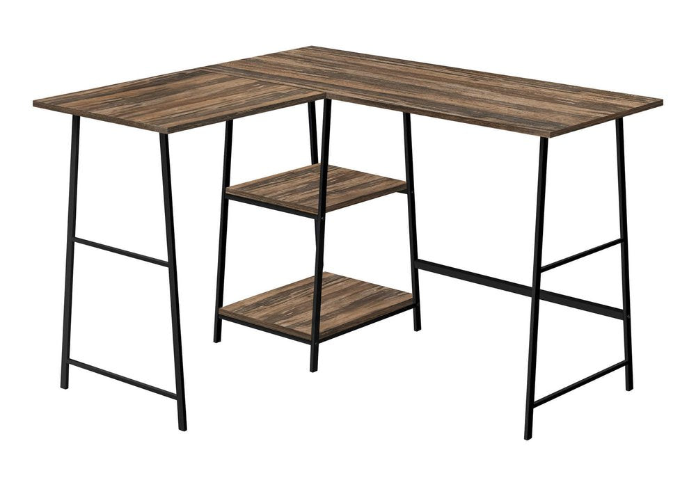 42" Brown and Black Reclaimed Wood and Metal Corner Trestle Computer Desk