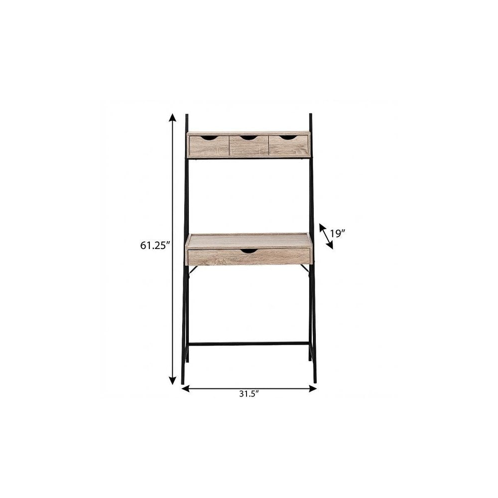 32" Taupe and Black Wood and Metal Sled Computer Desk With Four Drawers