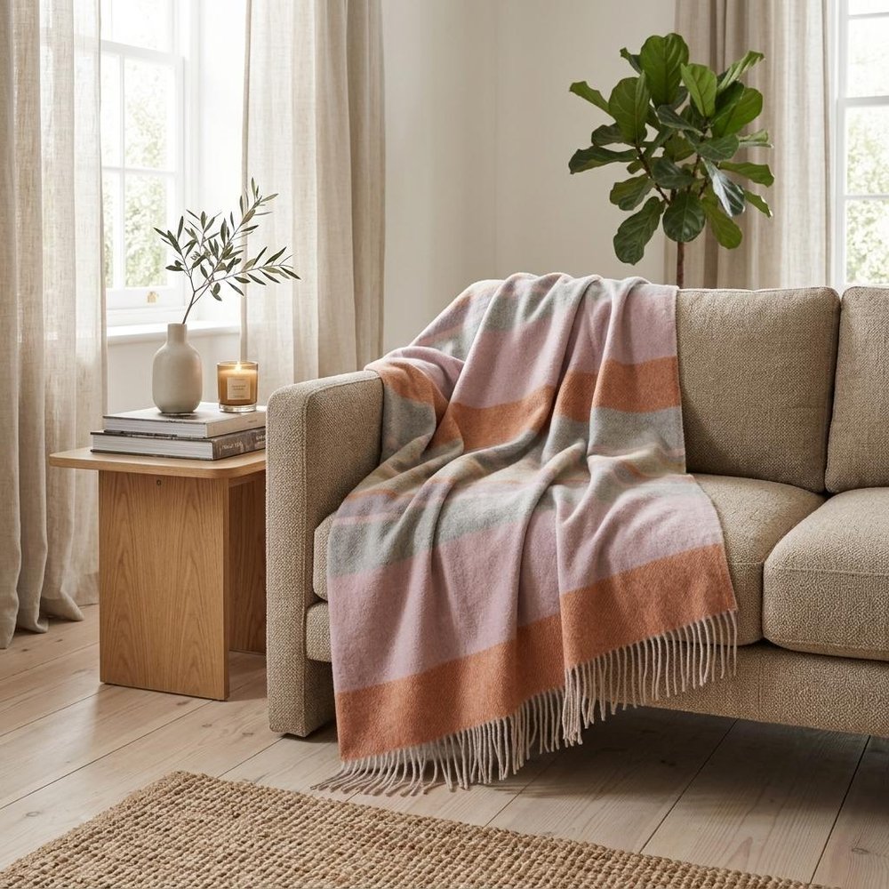 Blue and Pink Woven Wool Striped Throw Blanket