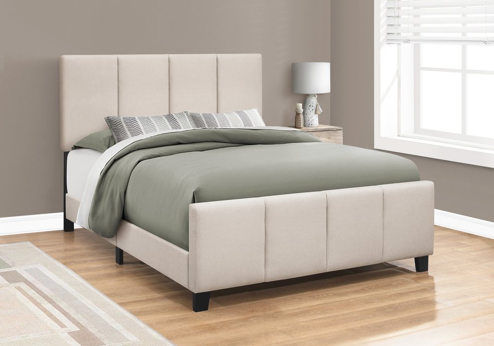Beige and Black Tufted Linen Queen Bed Frame
