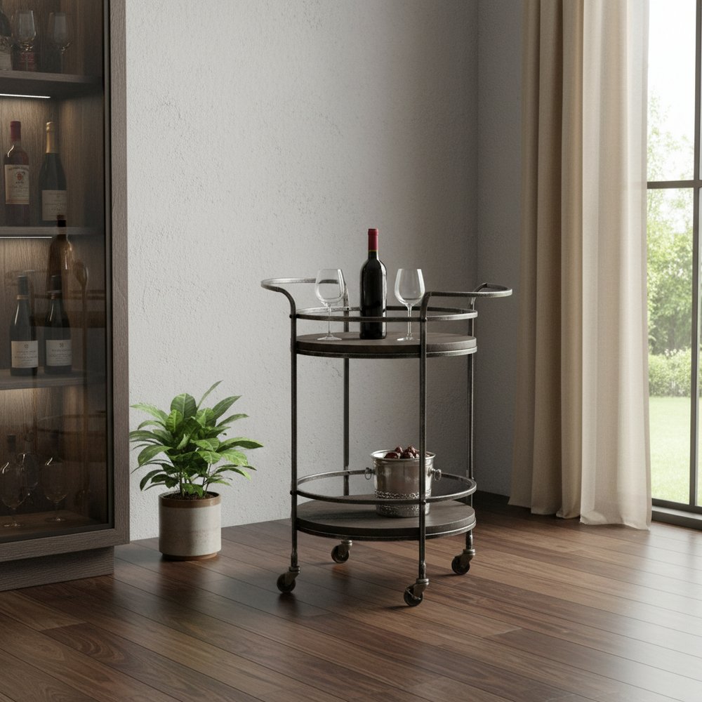 Dark Gray Iron And Solid Wood Round Rolling Bar Cart