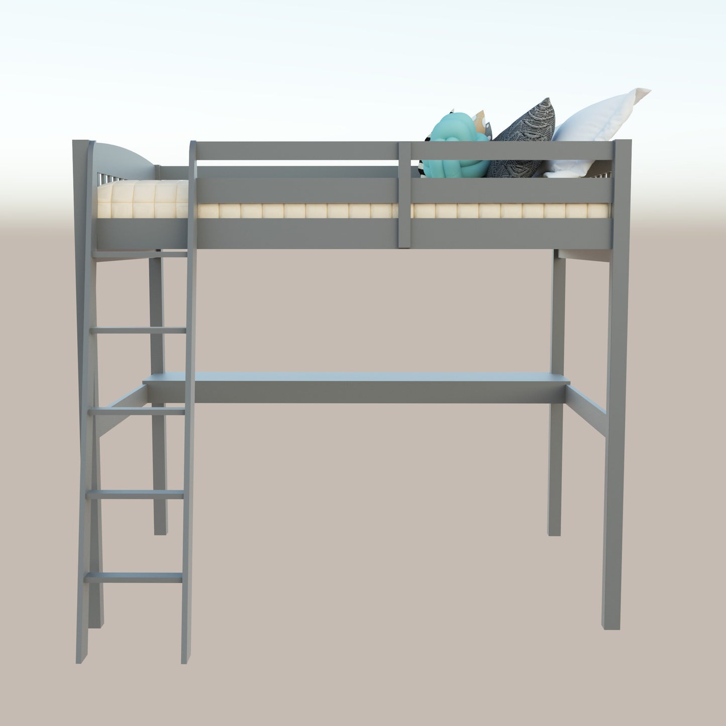 White Solid Wood Full Double Size Loft Bed with Desk and Storage