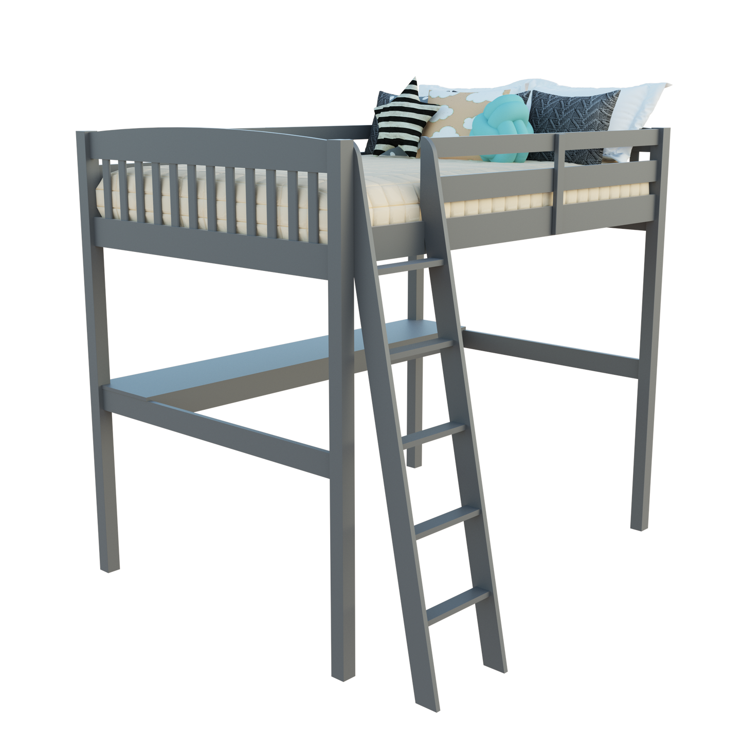 White Solid Wood Full Double Size Loft Bed with Desk and Storage
